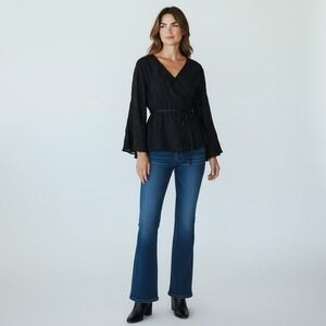 DEAR JOHN Rosalyn Eyelash Wrap V-Neck Bell Sleeve Tie Whimsy Goth Black Blouse‎